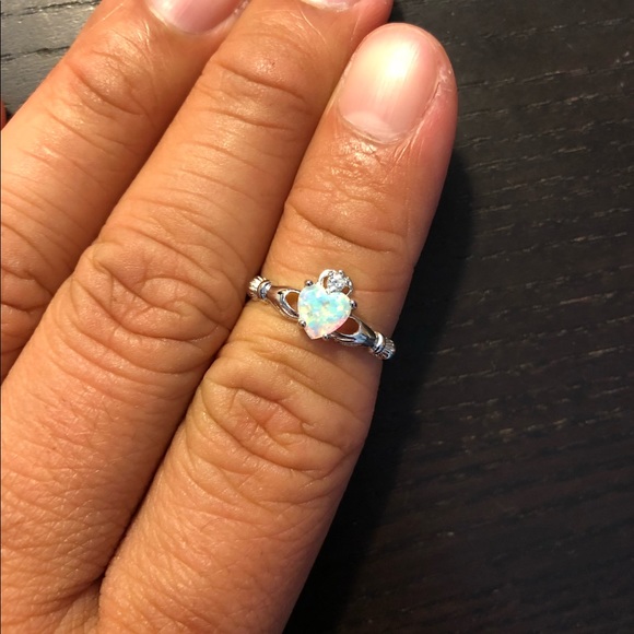 Sterling Silver 925 Claddagh Ring with Opal & CZ - Picture 4 of 6
